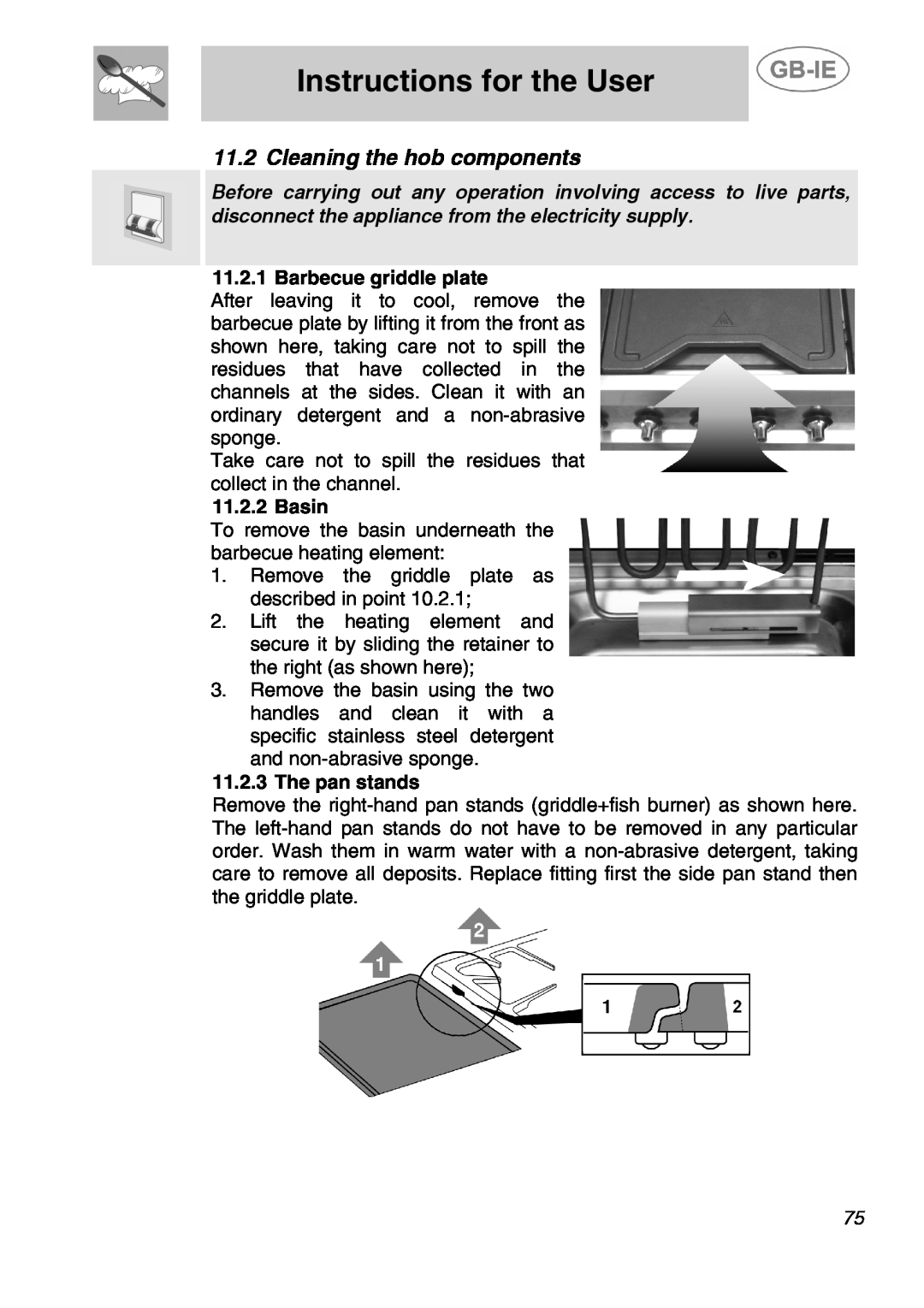 Smeg A5-6 manual Cleaning the hob components, Barbecue griddle plate, Basin, The pan stands, Instructions for the User 