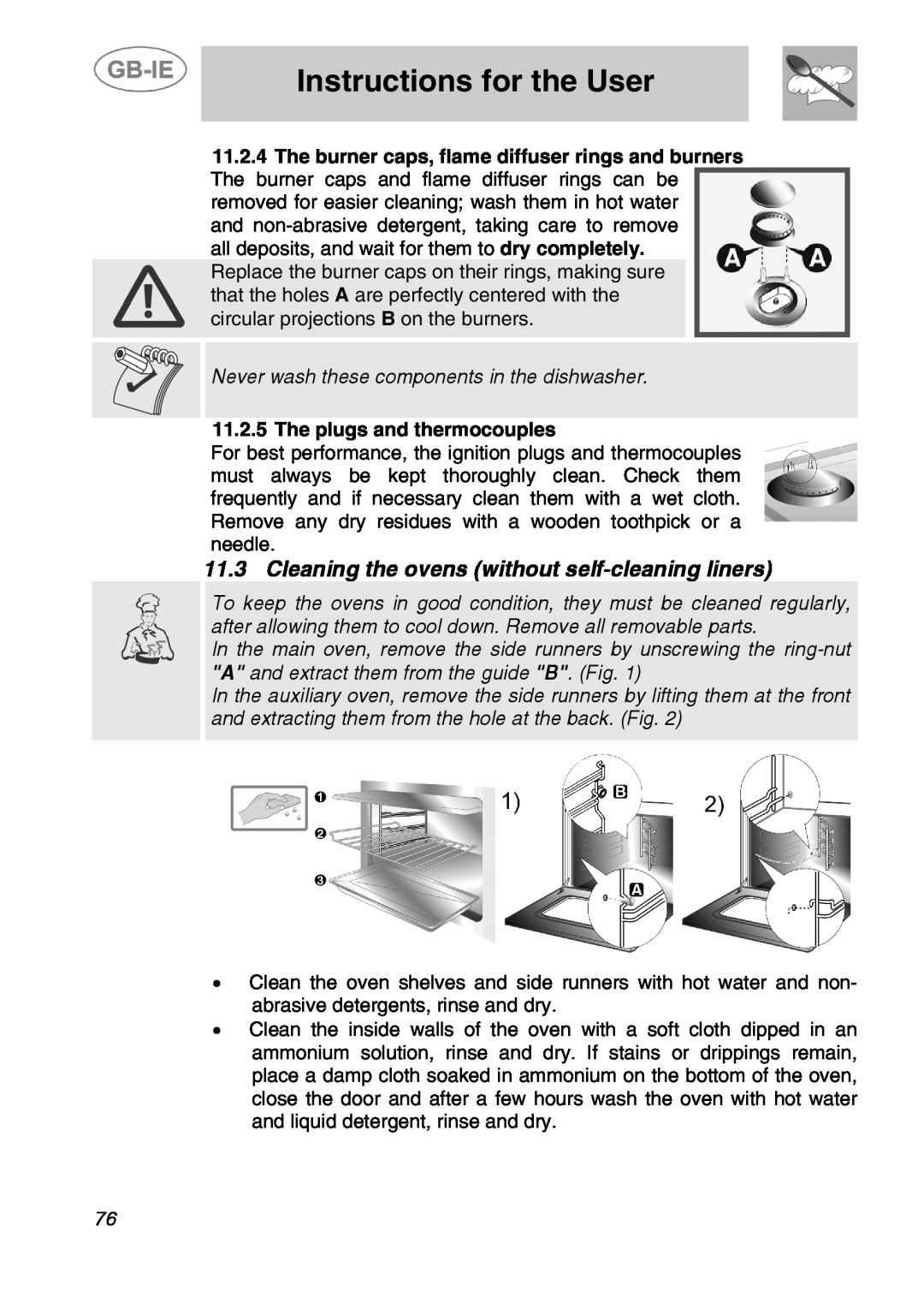 Smeg A5-6 manual Cleaning the ovens without self-cleaning liners, The plugs and thermocouples, Instructions for the User 