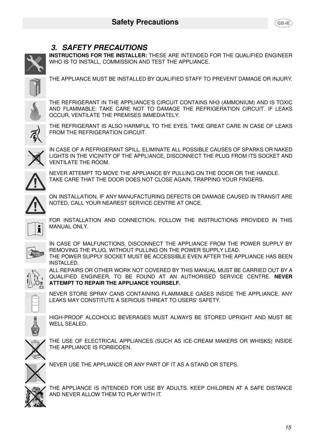 Smeg ABM40, ABM30, ABM50 manual Safety Precautions, Attempt to Repair the Appliance Yourself 