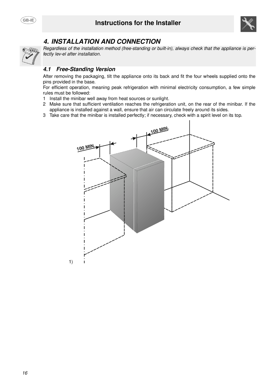 Smeg ABM50, ABM30, ABM40 manual Installation and Connection, Free-Standing Version 