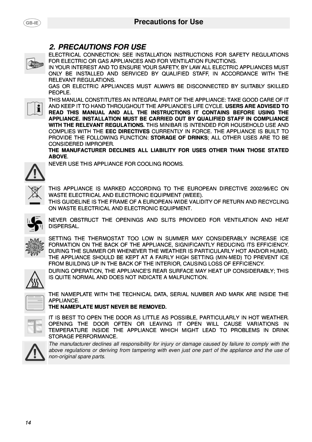 Smeg ABM30, ABM40, ABM50 manual Precautions for Use, Precautions For Use 