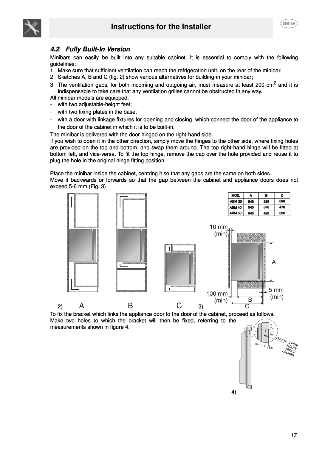 Smeg ABM30, ABM40, ABM50 manual Fully Built-In Version, Instructions for the Installer 