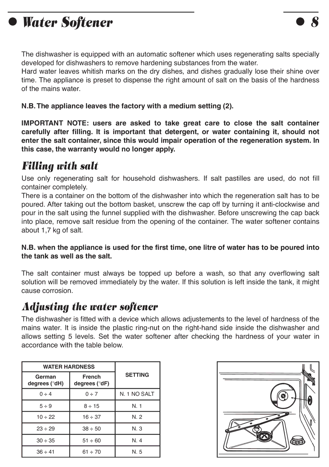 Smeg ADP8242 manual Water Softener, Filling with salt, Adjusting the water softener 