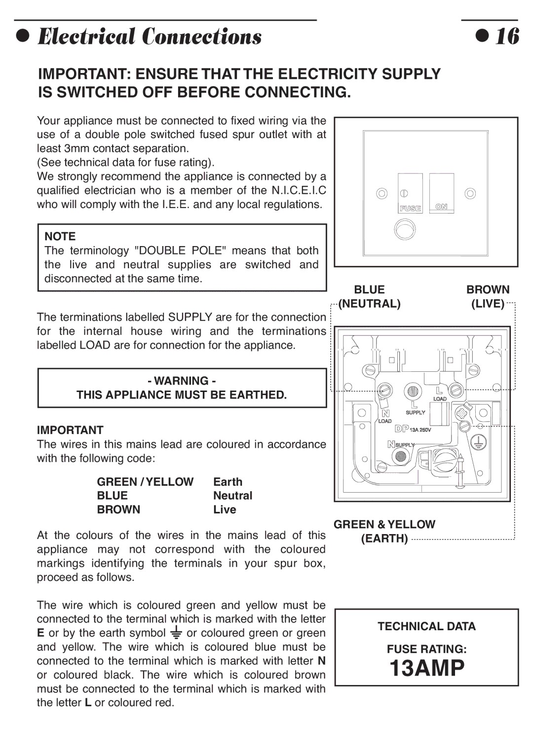 Smeg ADP8242 manual Electrical Connections, This Appliance Must be Earthed 