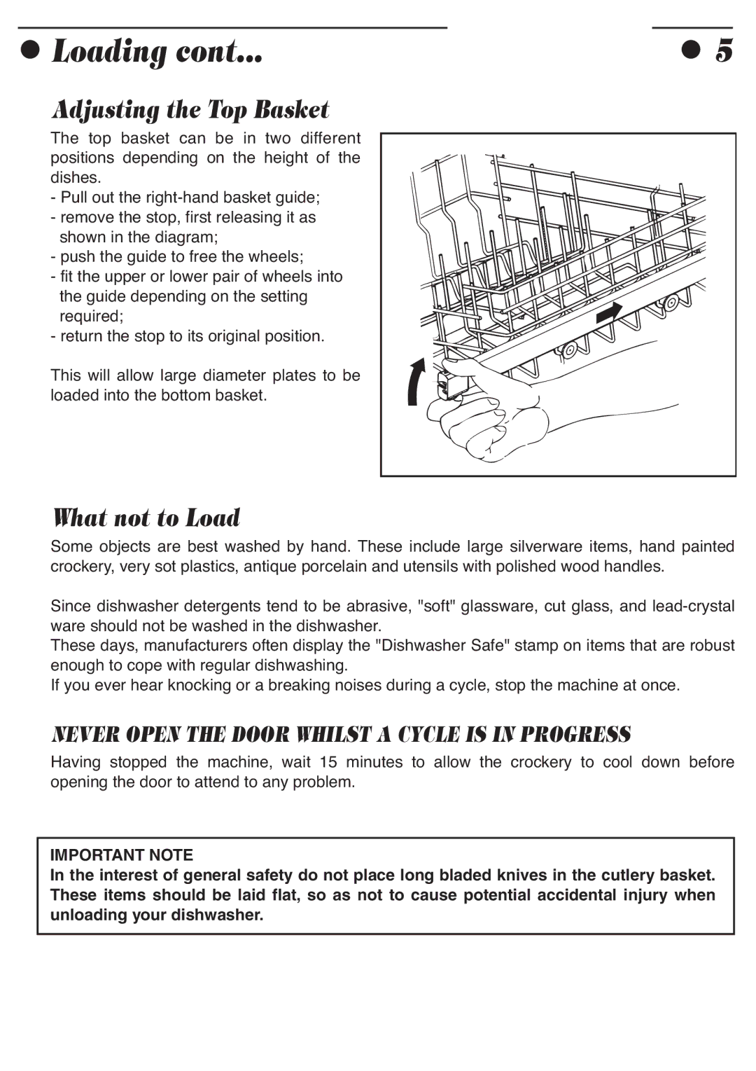 Smeg ADP8242 manual Adjusting the Top Basket, What not to Load 