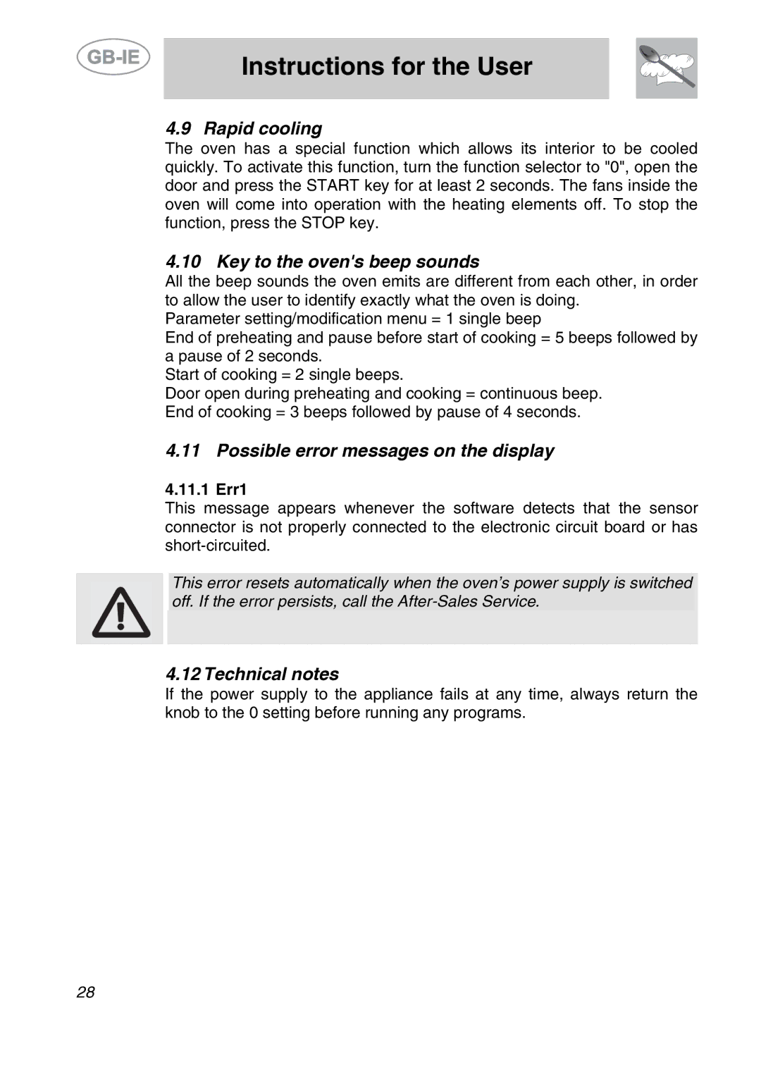 Smeg ALFA135BE manual Rapid cooling, Key to the ovens beep sounds, Possible error messages on the display, Technical notes 