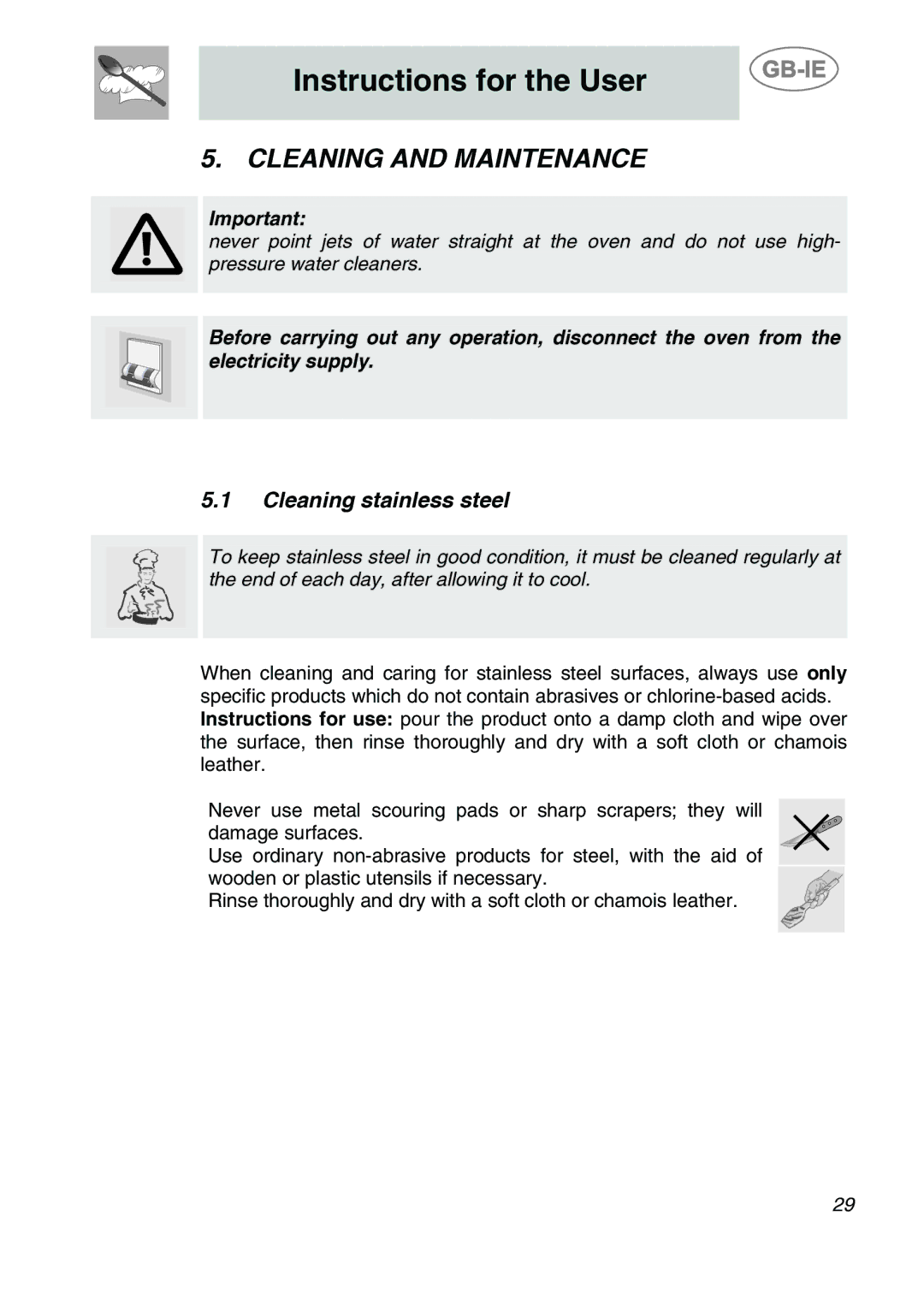 Smeg ALFA135BE manual Cleaning and Maintenance, Cleaning stainless steel 