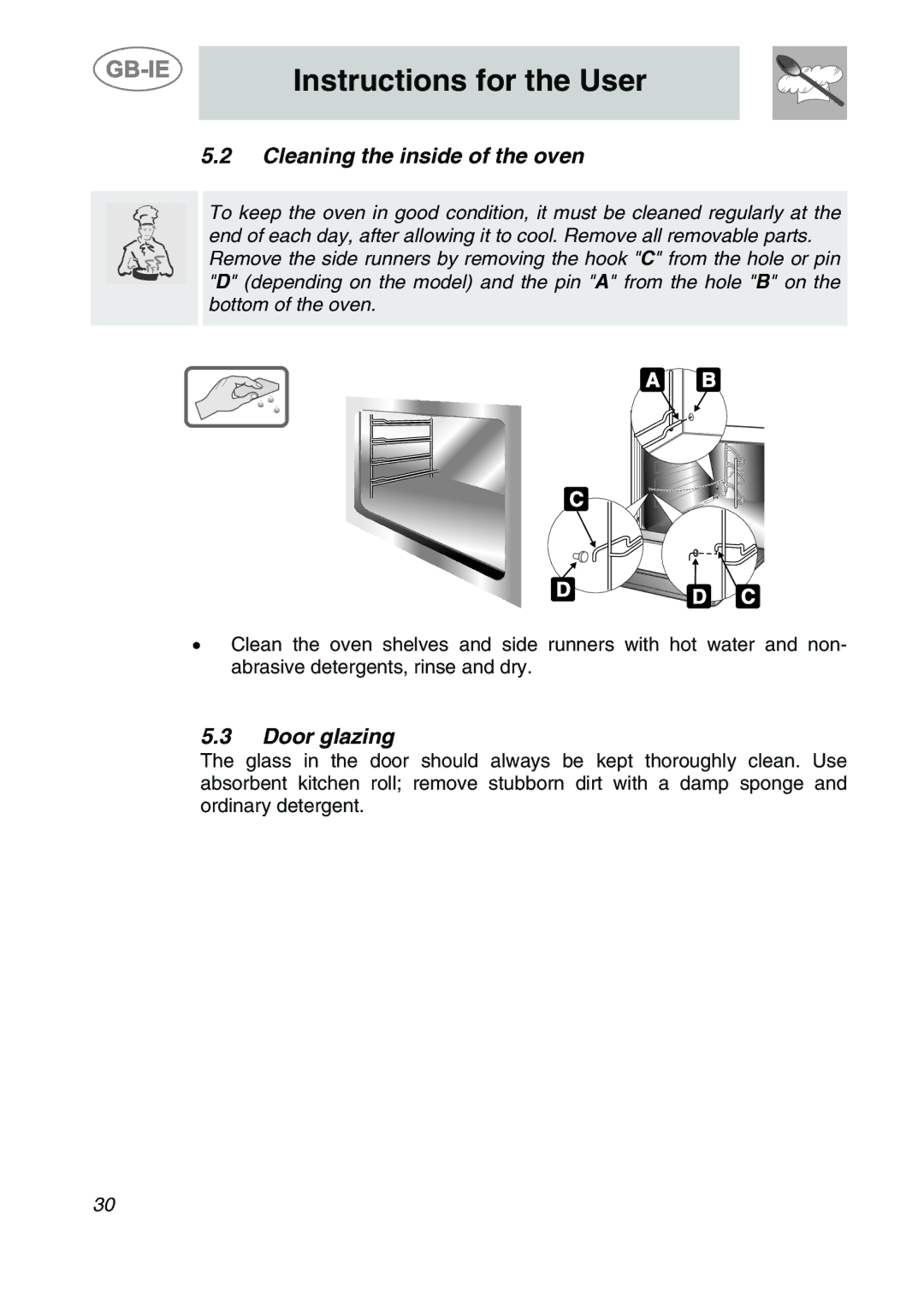 Smeg ALFA135BE manual Cleaning the inside of the oven, Door glazing 