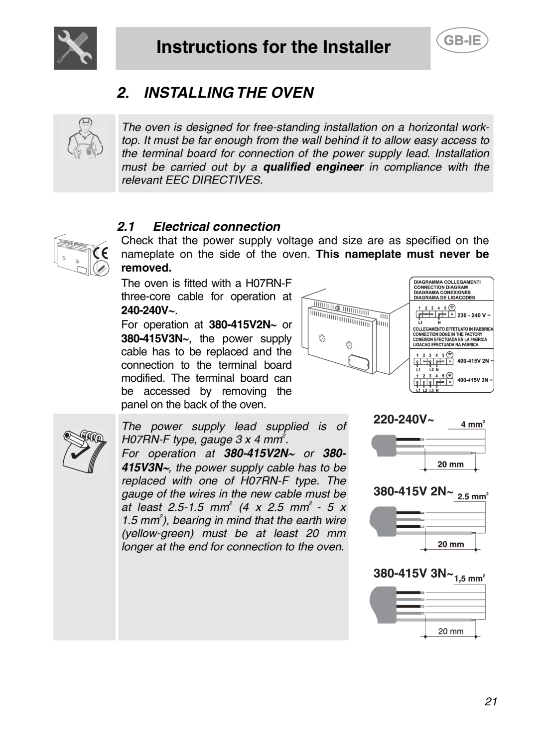 Smeg ALFA135BE manual Instructions for the Installer, Installing the Oven, Electrical connection, Removed 