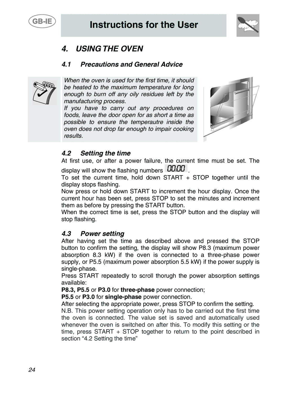 Smeg ALFA135BE manual Using the Oven, Precautions and General Advice, Setting the time, Power setting 