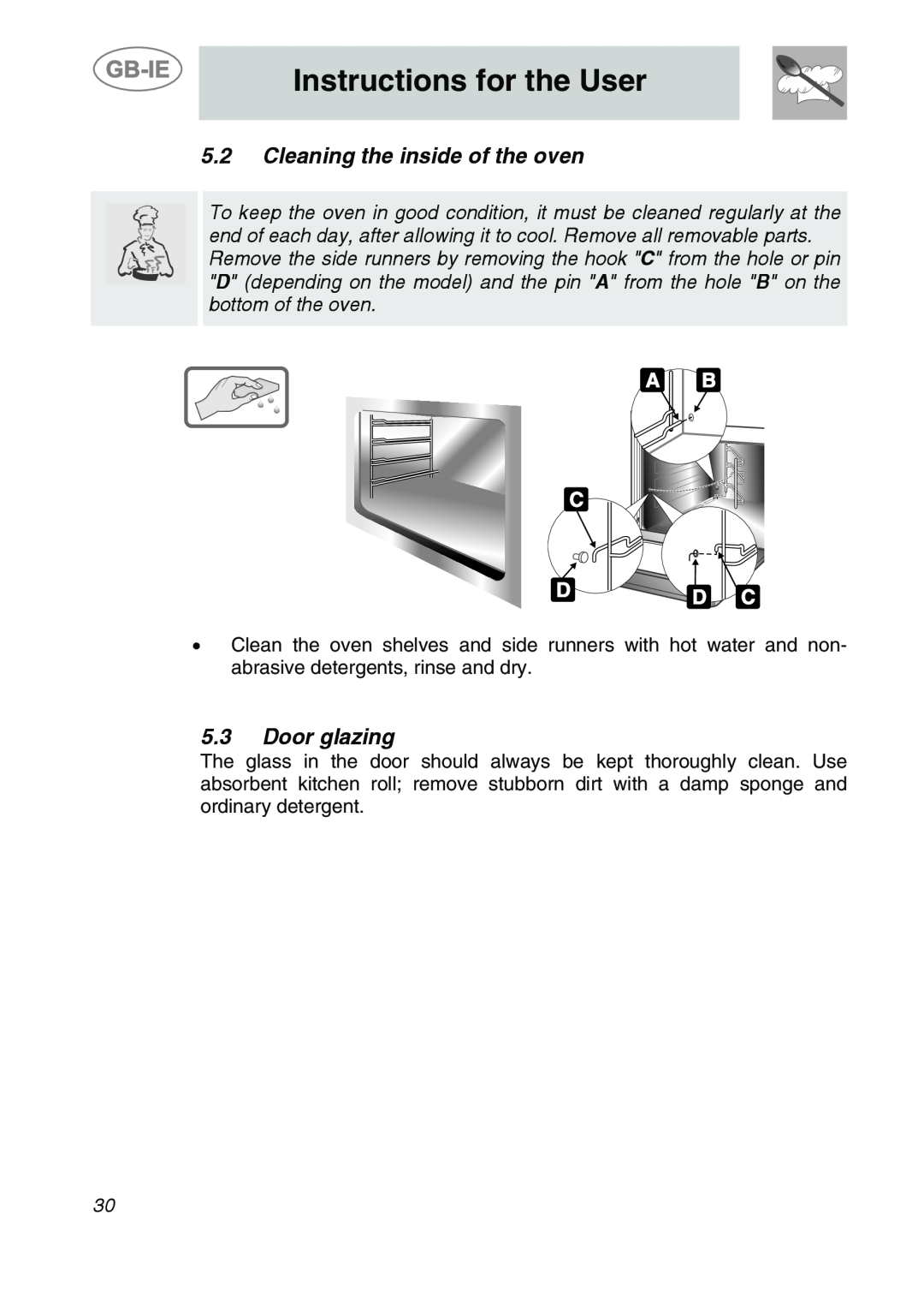 Smeg ALFA135BE manual Cleaning the inside of the oven, Door glazing, Instructions for the User 