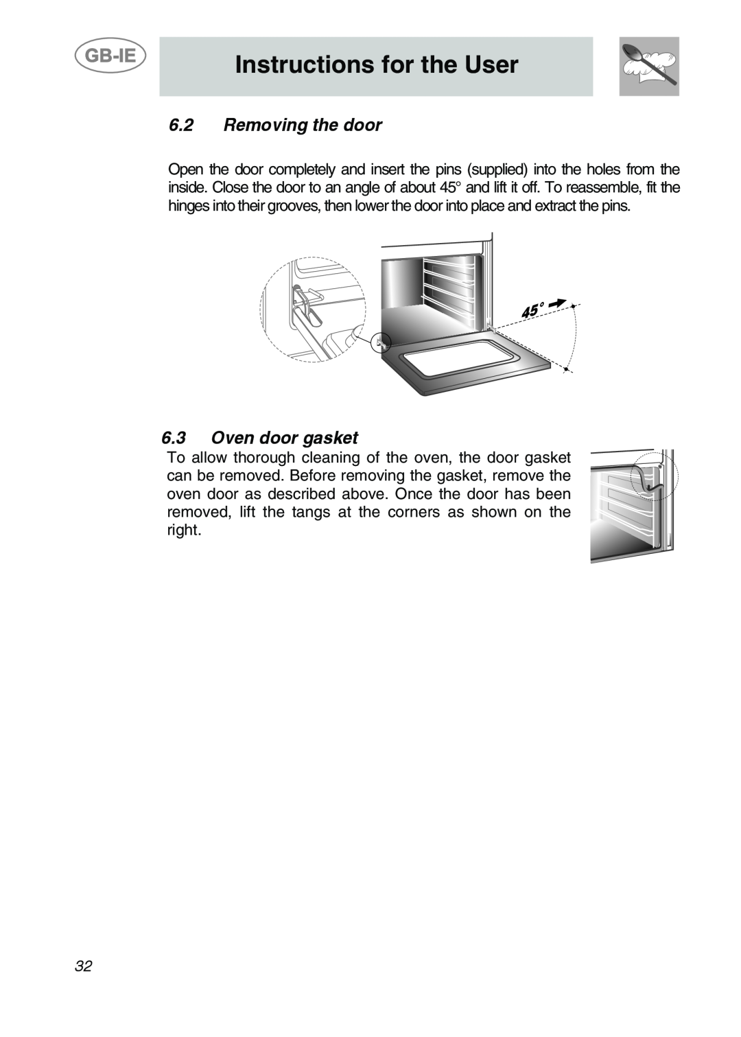 Smeg ALFA135BE manual Removing the door, Oven door gasket, Instructions for the User 