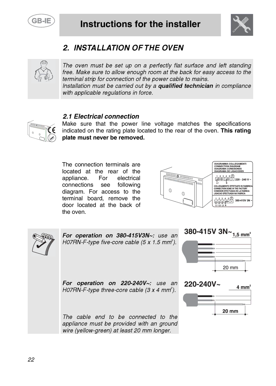 Smeg ALFA135BM manual Instructions for the installer, Installation of the Oven, Electrical connection 