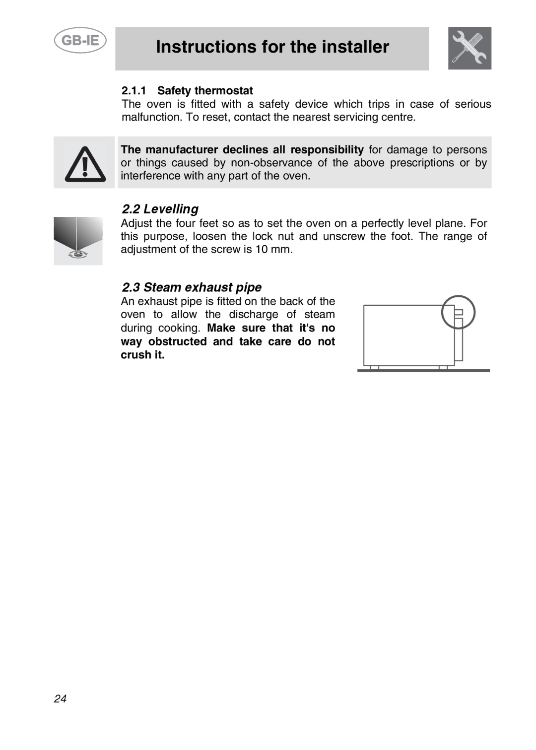 Smeg ALFA135BM manual Levelling, Steam exhaust pipe 