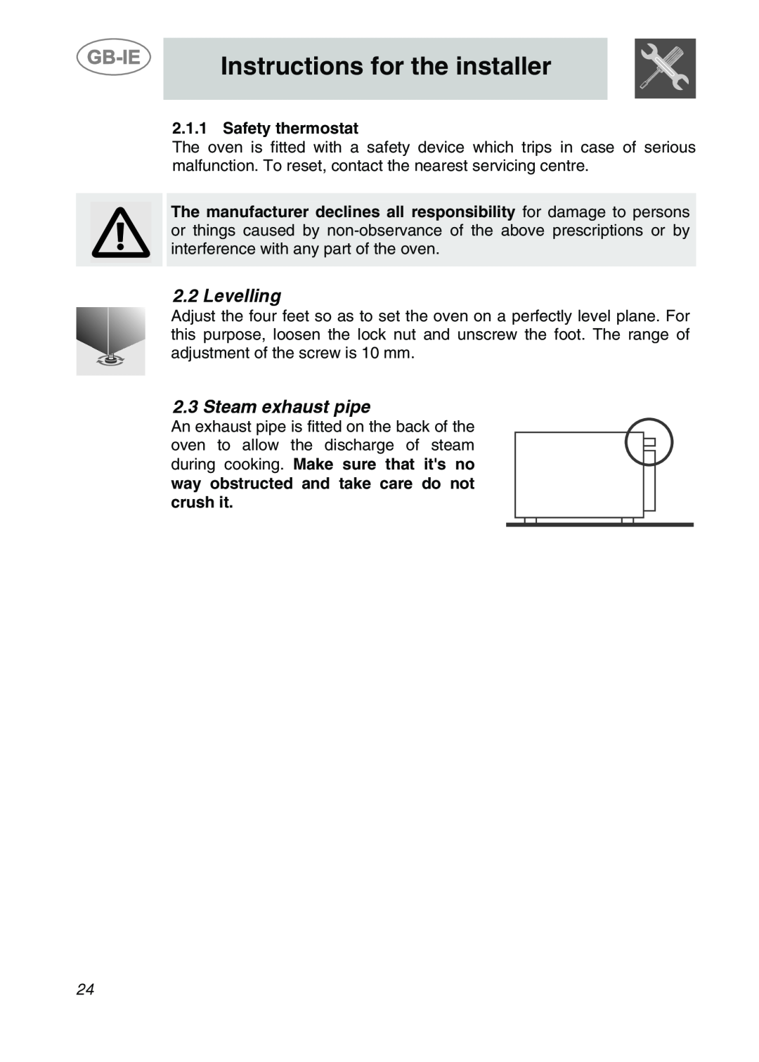 Smeg ALFA135BM manual Levelling, Steam exhaust pipe, Instructions for the installer, Safety thermostat 