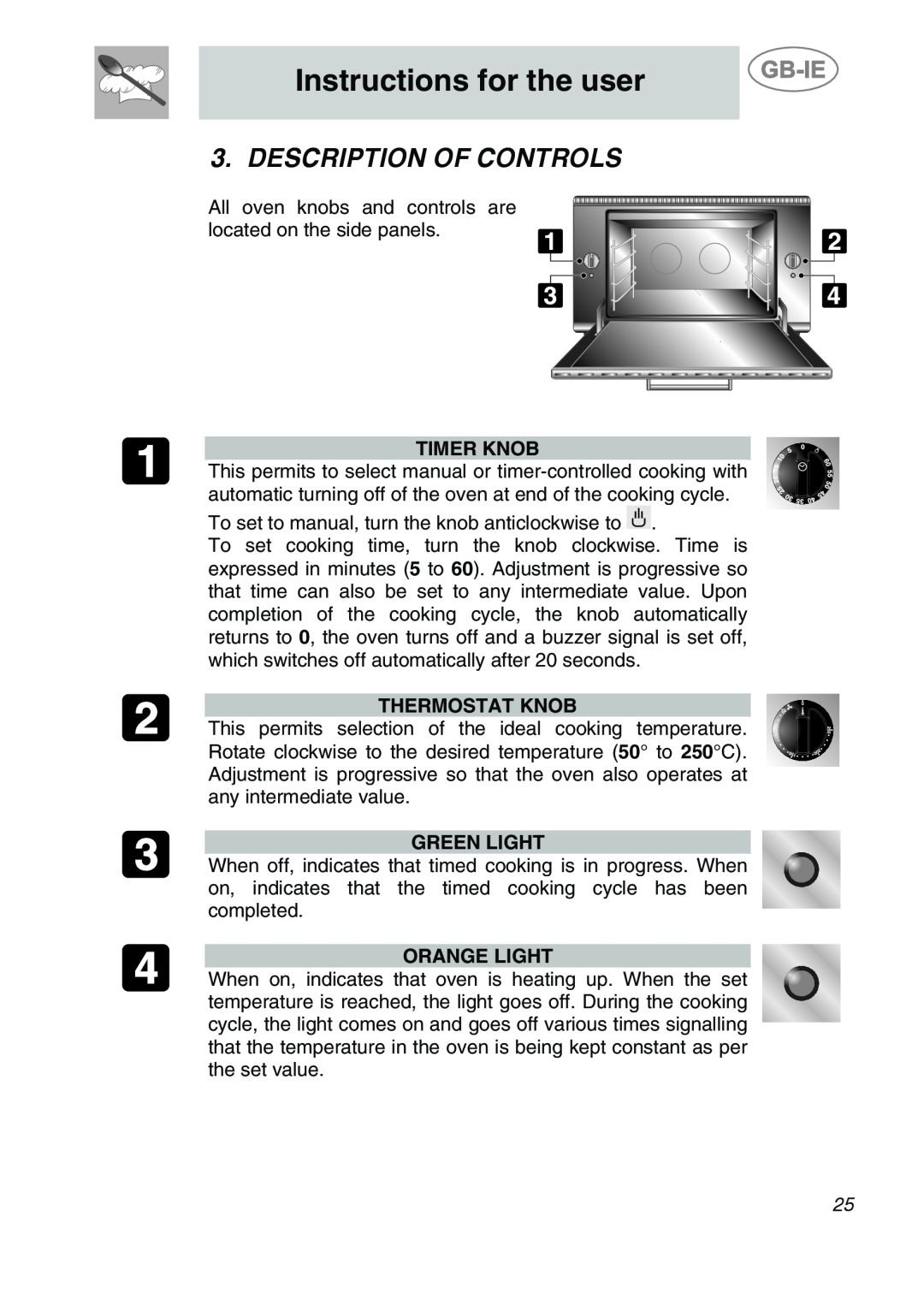 Smeg ALFA135BM Instructions for the user, Description Of Controls, Timer Knob, Thermostat Knob, Green Light, Orange Light 