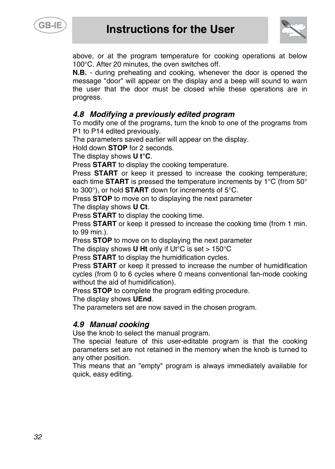 Smeg ALFA135V6 manual Modifying a previously edited program, Manual cooking 