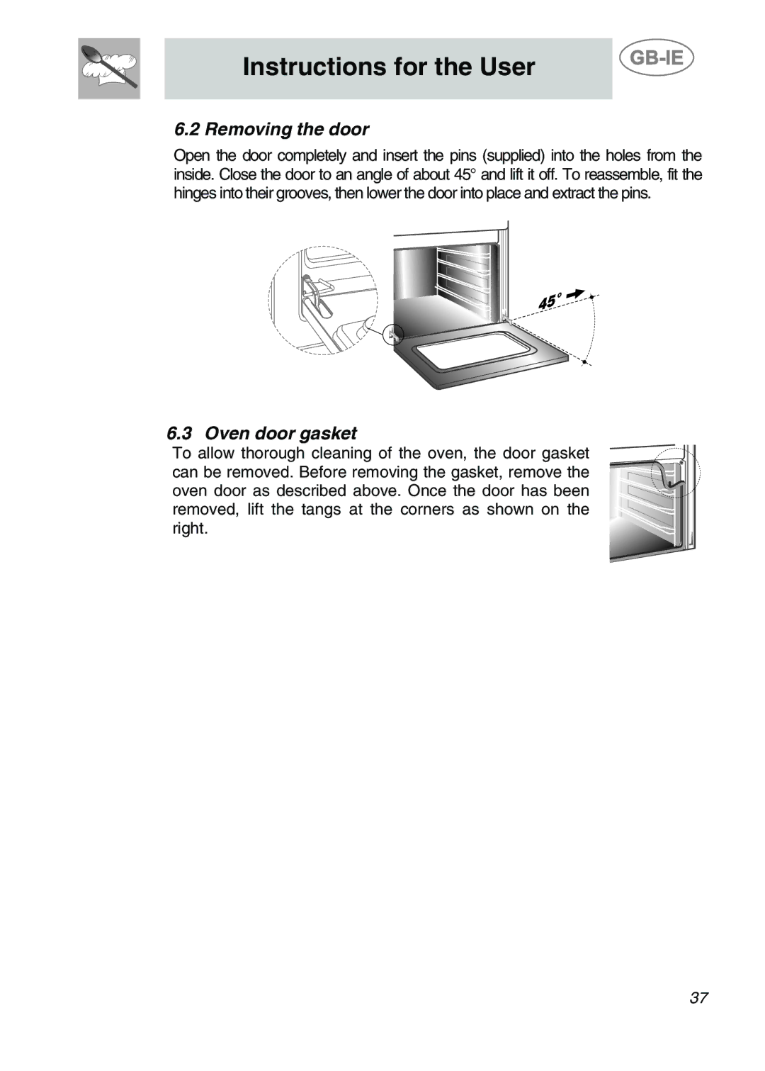 Smeg ALFA135V6 manual Removing the door, Oven door gasket 