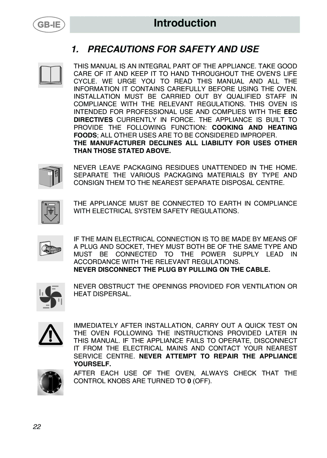 Smeg ALFA135V6 manual Introduction, Precautions for Safety and USE 