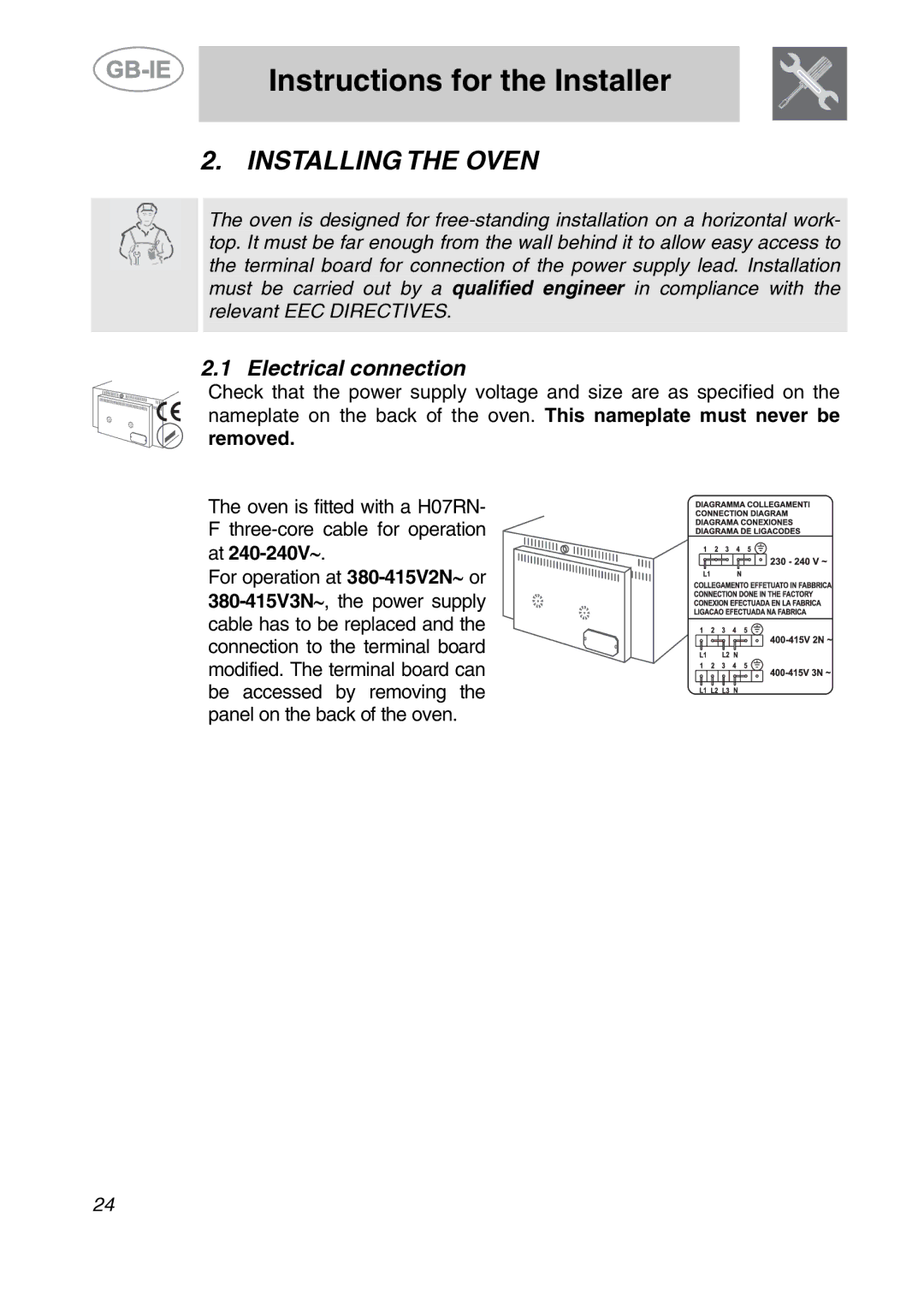 Smeg ALFA135V6 manual Instructions for the Installer, Installing the Oven, Electrical connection 