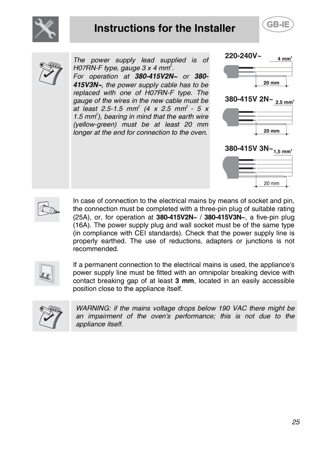 Smeg ALFA135V6 manual Instructions for the Installer 