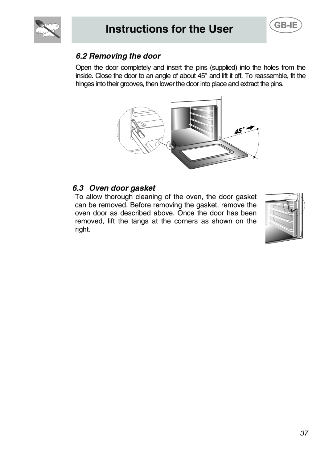 Smeg ALFA135V6 manual Removing the door, Oven door gasket, Instructions for the User 