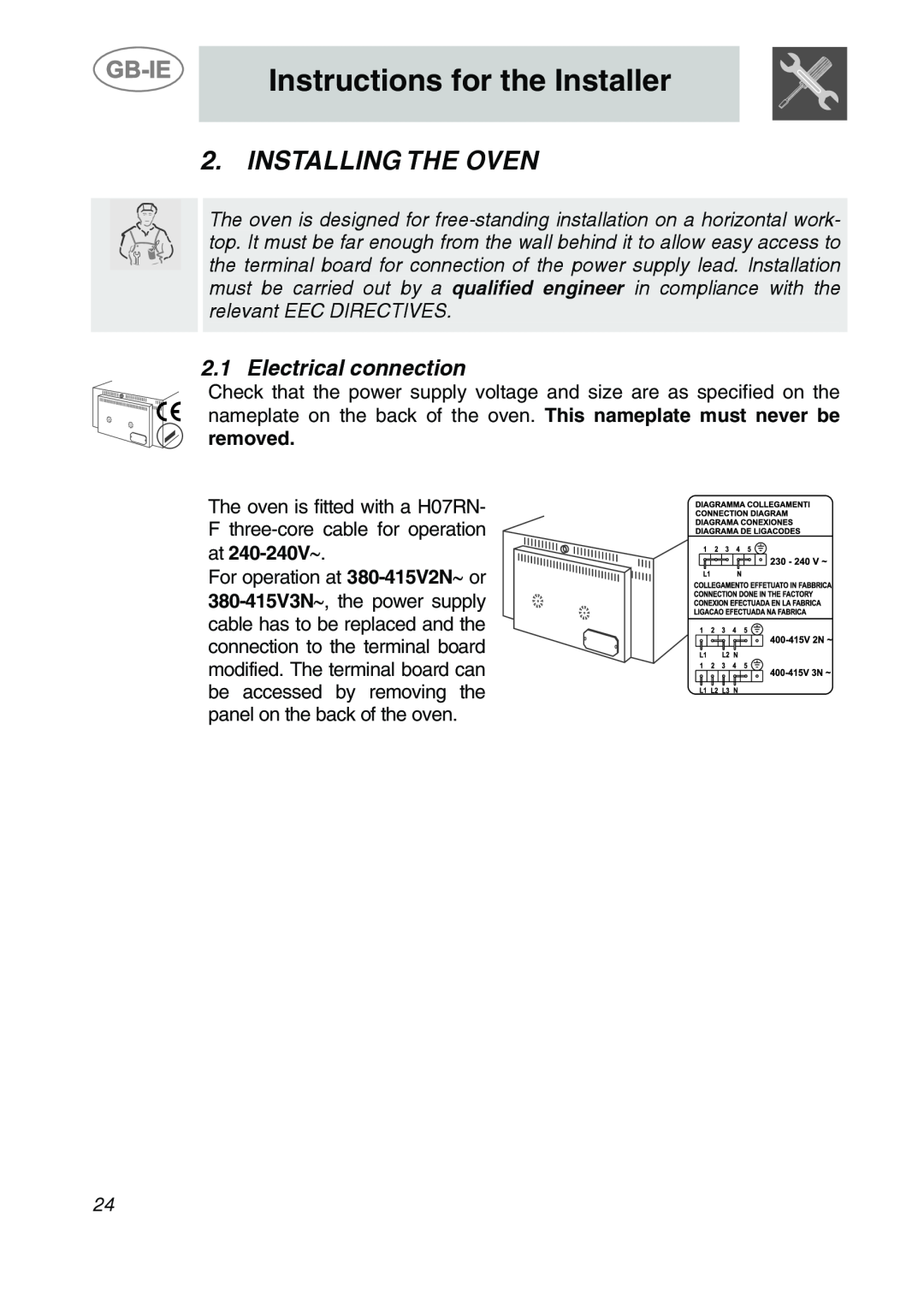 Smeg ALFA135V6 manual Instructions for the Installer, Installing The Oven, Electrical connection 