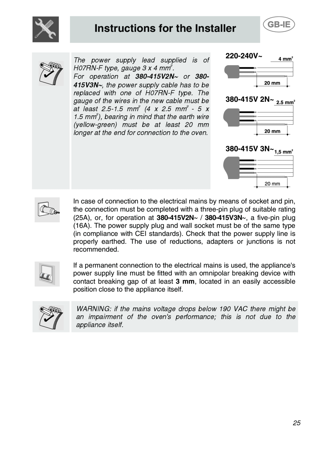 Smeg ALFA135V6 manual Instructions for the Installer, The power supply lead supplied is of H07RN-Ftype, gauge 3 x 4 mm2 