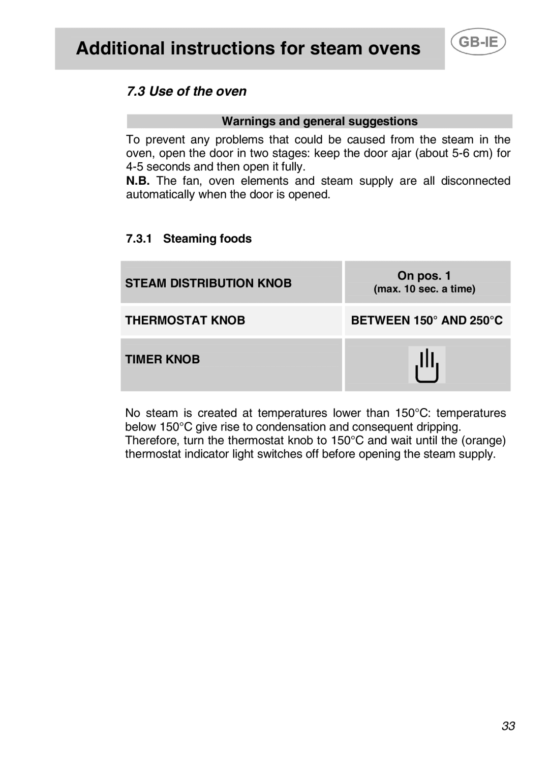 Smeg ALFA135XB, ALFA135XV, ALFA135B1, ALFA135XP, ALFA135BV, ALFA135X1 manual Use of the oven, Steam Distribution Knob 