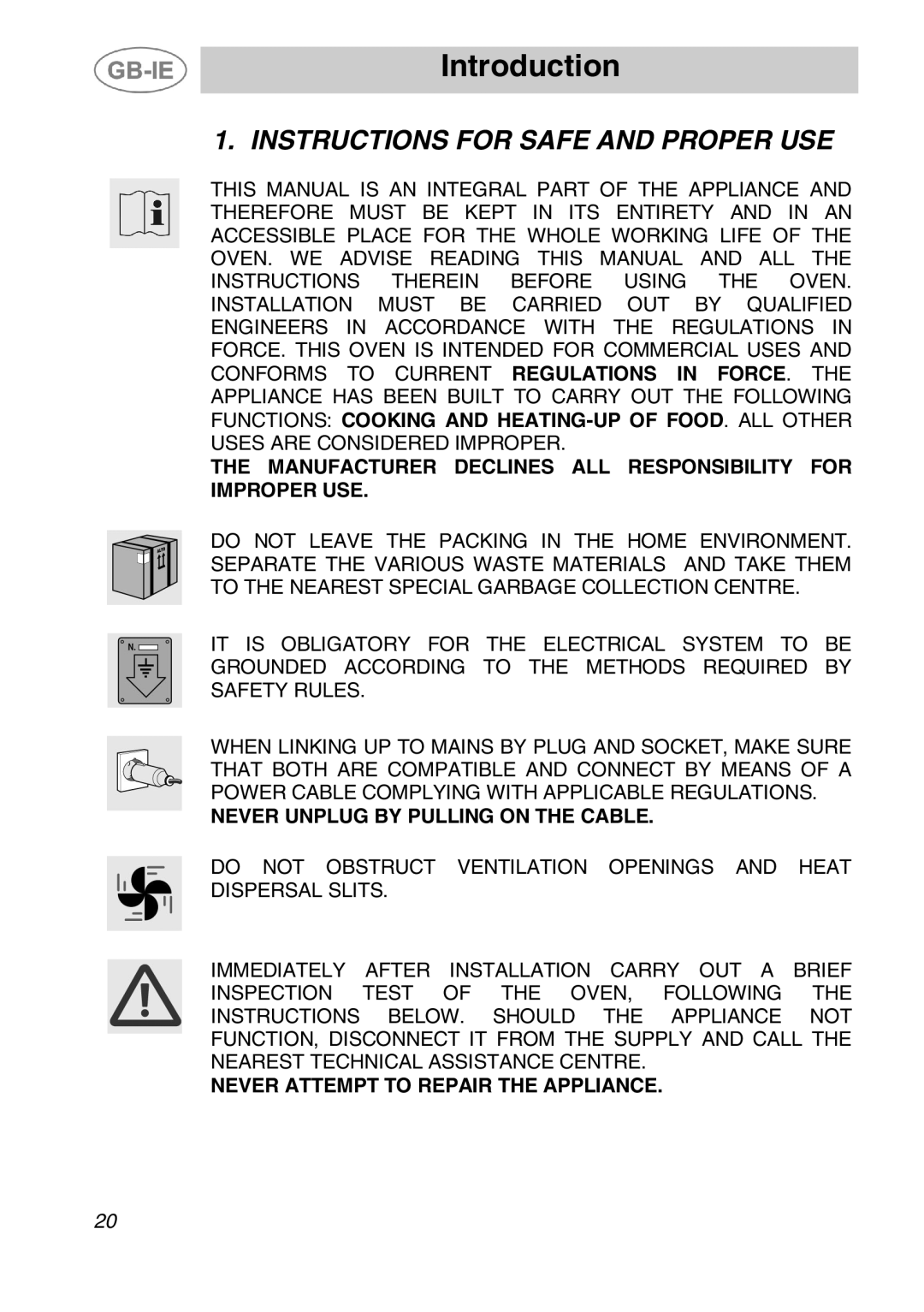 Smeg ALFA135B1, ALFA135XV manual Introduction, Instructions for Safe and Proper USE, Never Unplug by Pulling on the Cable 