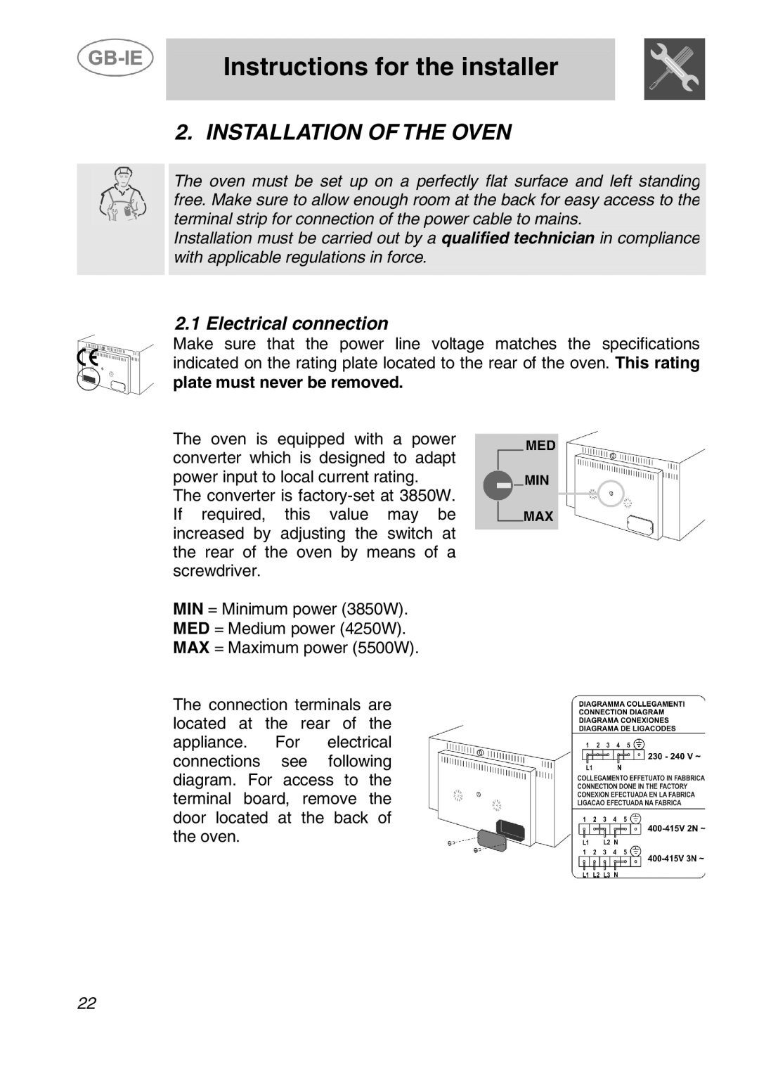 Smeg ALFA135BV, ALFA135XV, ALFA135XB manual Instructions for the installer, Installation of the Oven, Electrical connection 