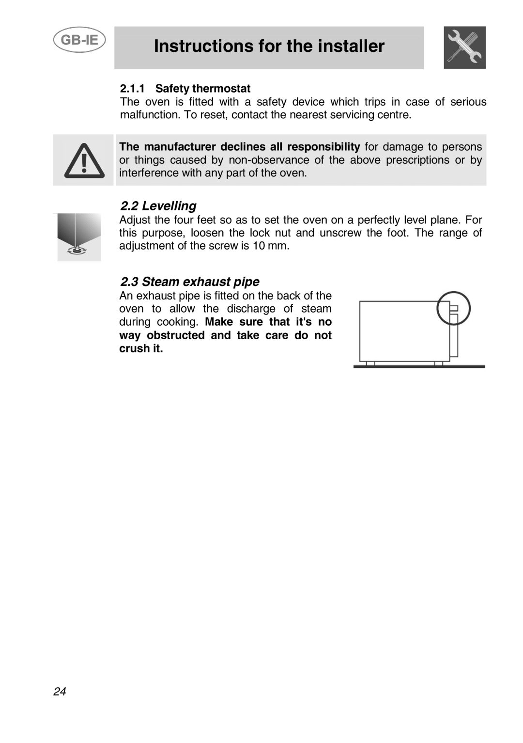 Smeg ALFA135X1, ALFA135XV, ALFA135XB, ALFA135B1, ALFA135XP, ALFA135BV manual Levelling, Steam exhaust pipe 