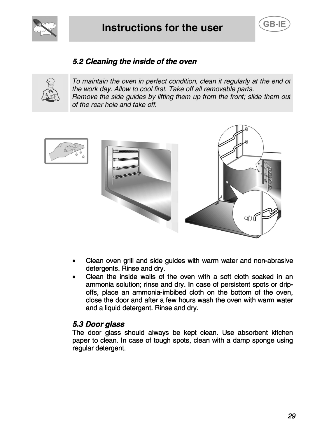 Smeg ALFA135BV, ALFA135XV, ALFA135XB, ALFA135B1 manual Cleaning the inside of the oven, Door glass, Instructions for the user 