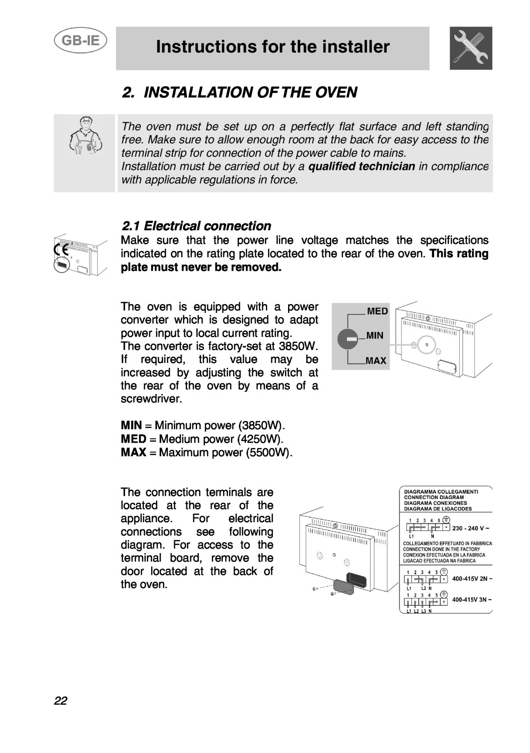 Smeg ALFA135BV, ALFA135XV, ALFA135XB manual Instructions for the installer, Installation Of The Oven, Electrical connection 