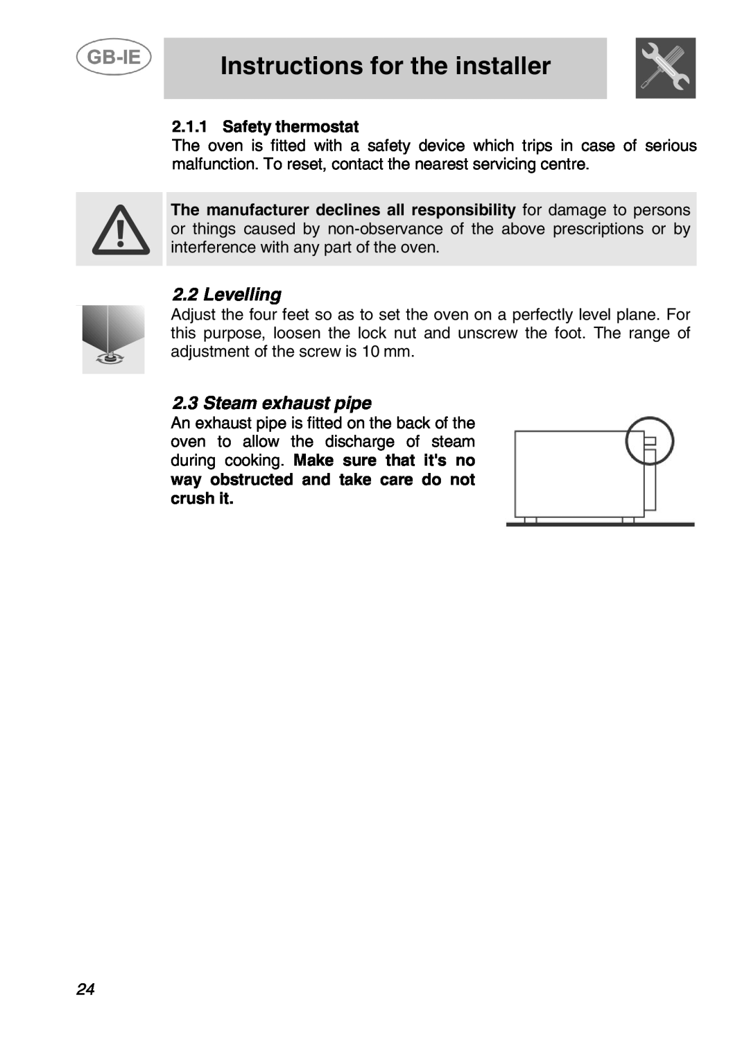 Smeg ALFA135X1, ALFA135XV, ALFA135XB manual Levelling, Steam exhaust pipe, Safety thermostat, Instructions for the installer 