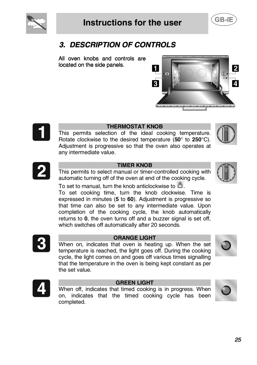 Smeg ALFA135XV Instructions for the user, Description Of Controls, Thermostat Knob, Timer Knob, Orange Light, Green Light 