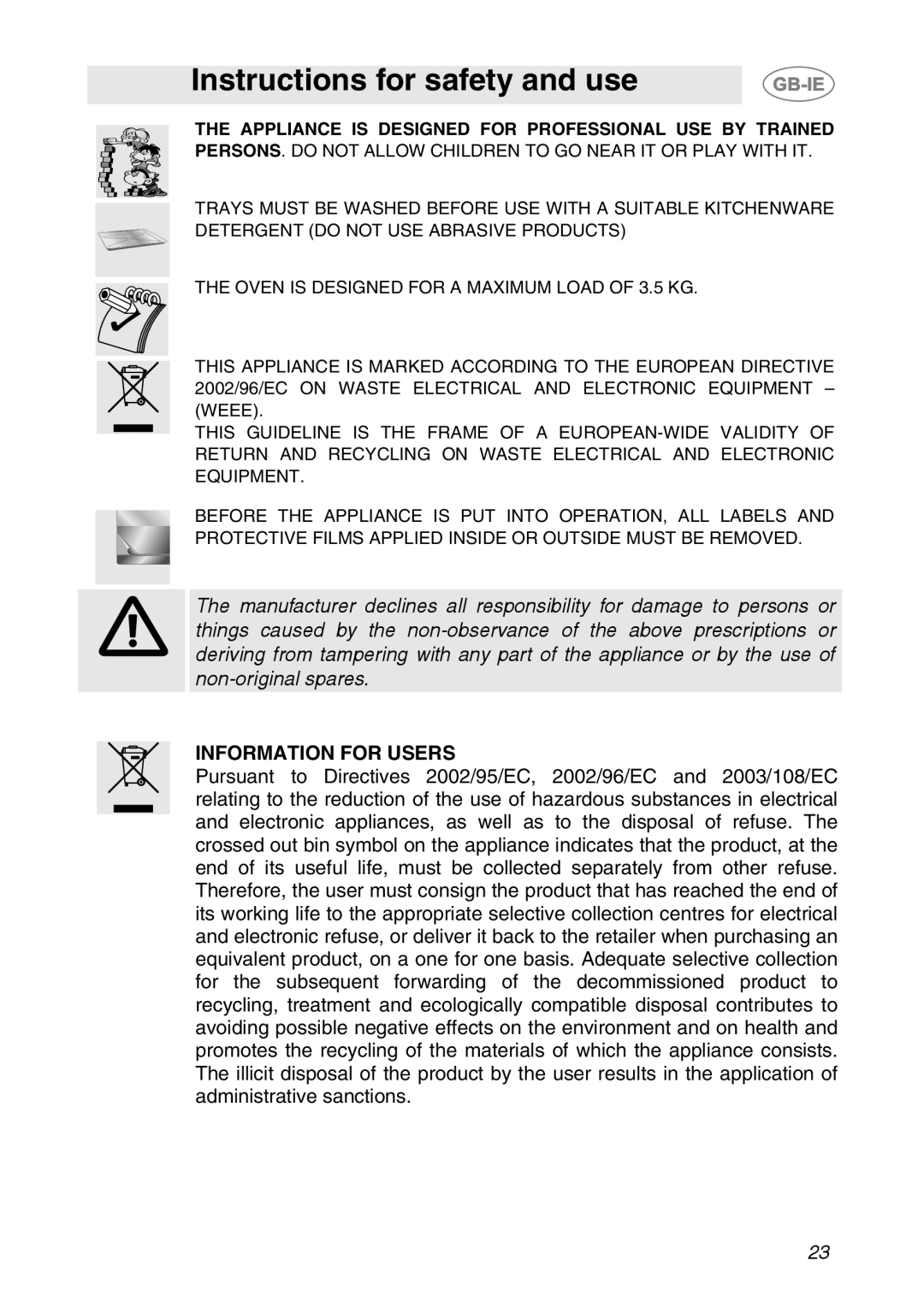 Smeg ALFA141VE, ALFA141XE manual Information for Users 