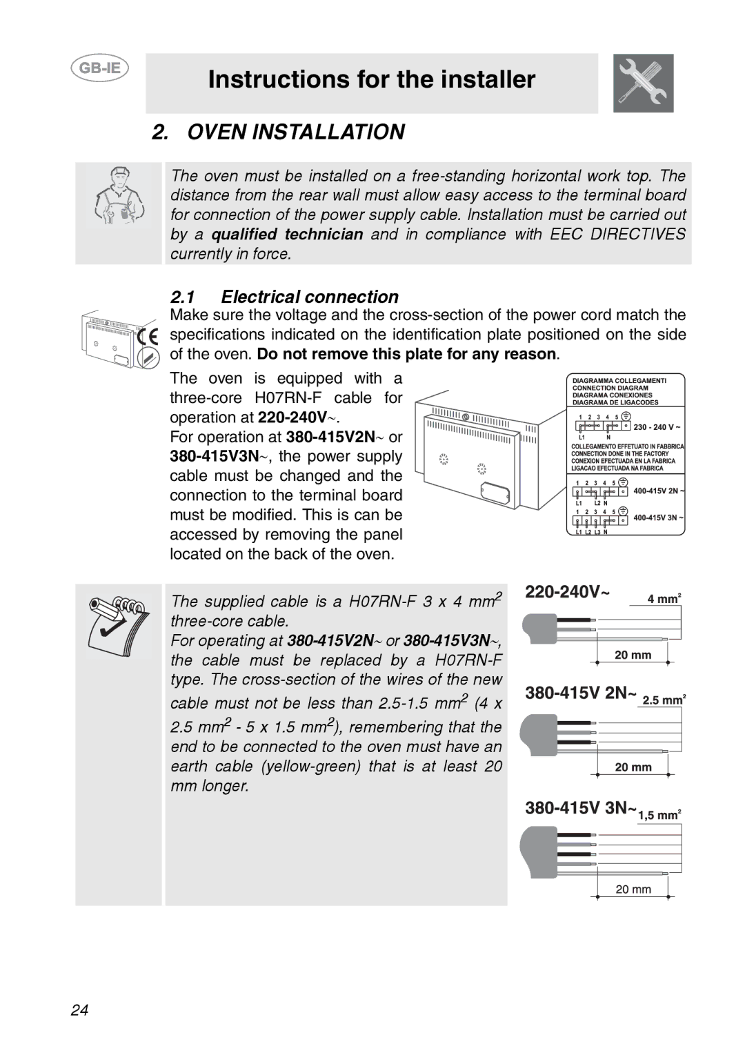 Smeg ALFA141XE, ALFA141VE manual Instructions for the installer, Oven Installation, Electrical connection 