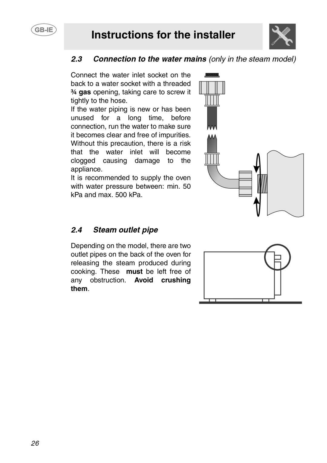 Smeg ALFA141XE, ALFA141VE manual Connection to the water mains only in the steam model, Steam outlet pipe 