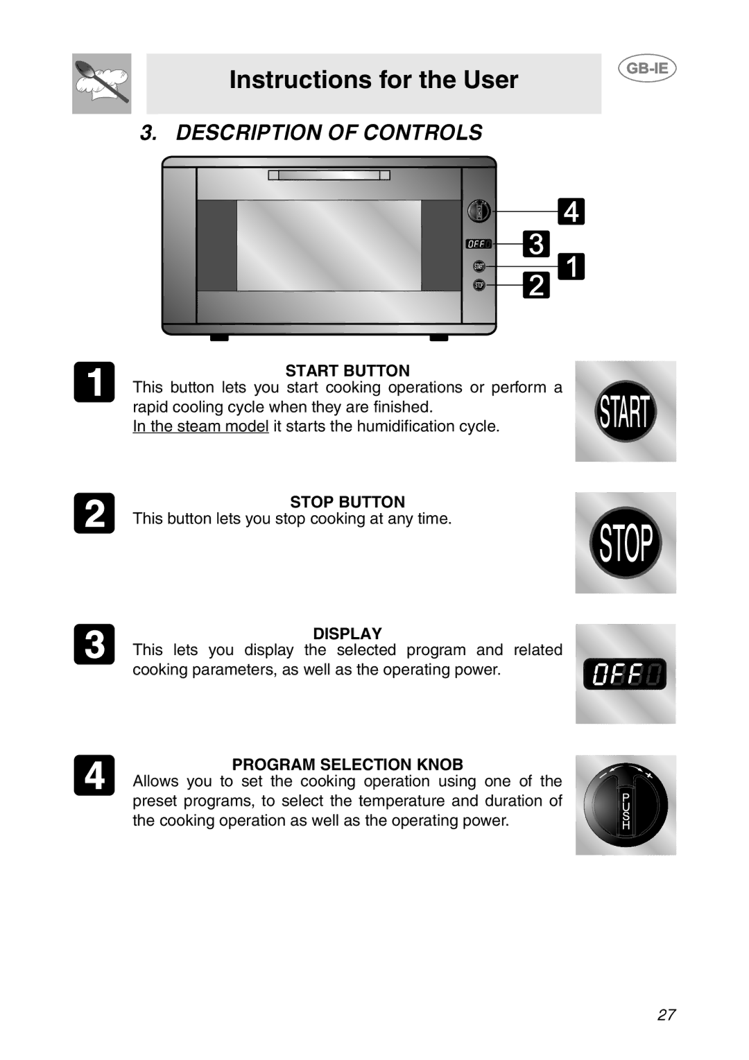 Smeg ALFA141VE, ALFA141XE manual Instructions for the User, Description of Controls 