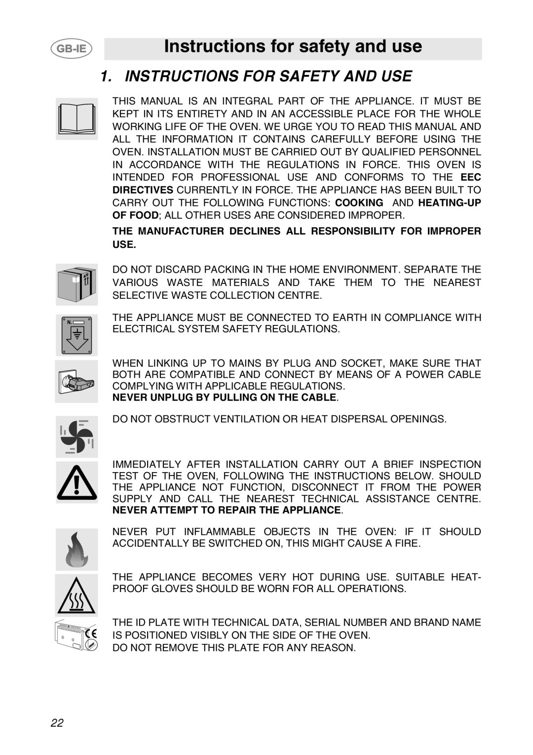 Smeg ALFA141XE Instructions for safety and use, Instructions For Safety And Use, Never Unplug By Pulling On The Cable 