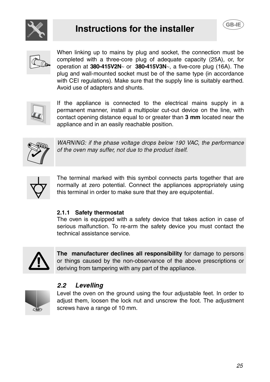 Smeg ALFA141VE, ALFA141XE manual Instructions for the installer, 2.2Levelling, Safety thermostat 