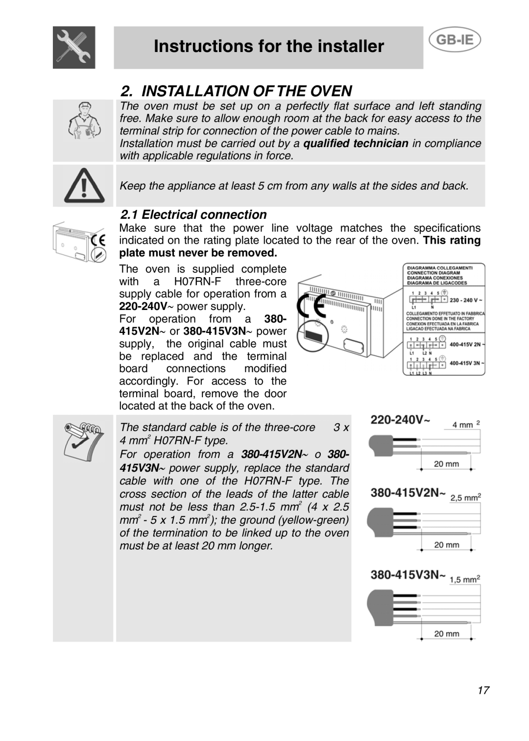 Smeg ALFA161XK manual Instructions for the installer, Installation of the Oven, Electrical connection 