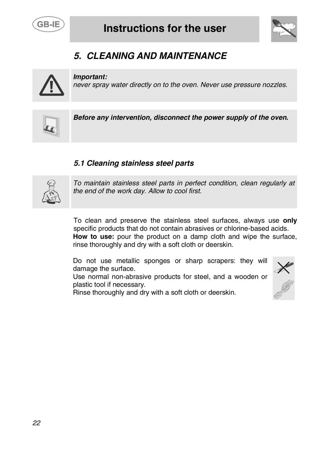 Smeg ALFA161XK manual Cleaning and Maintenance, Cleaning stainless steel parts 