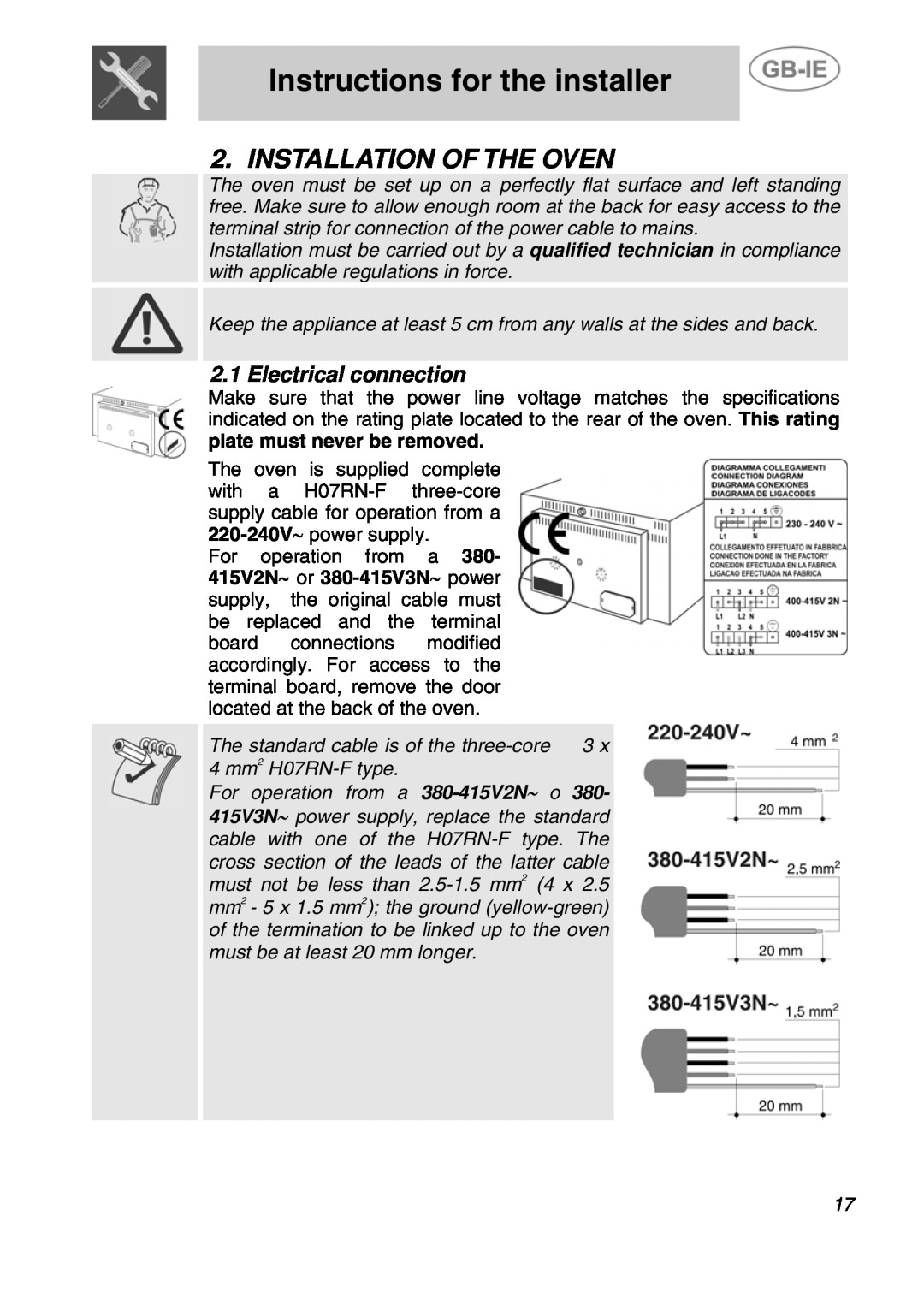 Smeg ALFA161XK manual Instructions for the installer, Installation Of The Oven, Electrical connection 