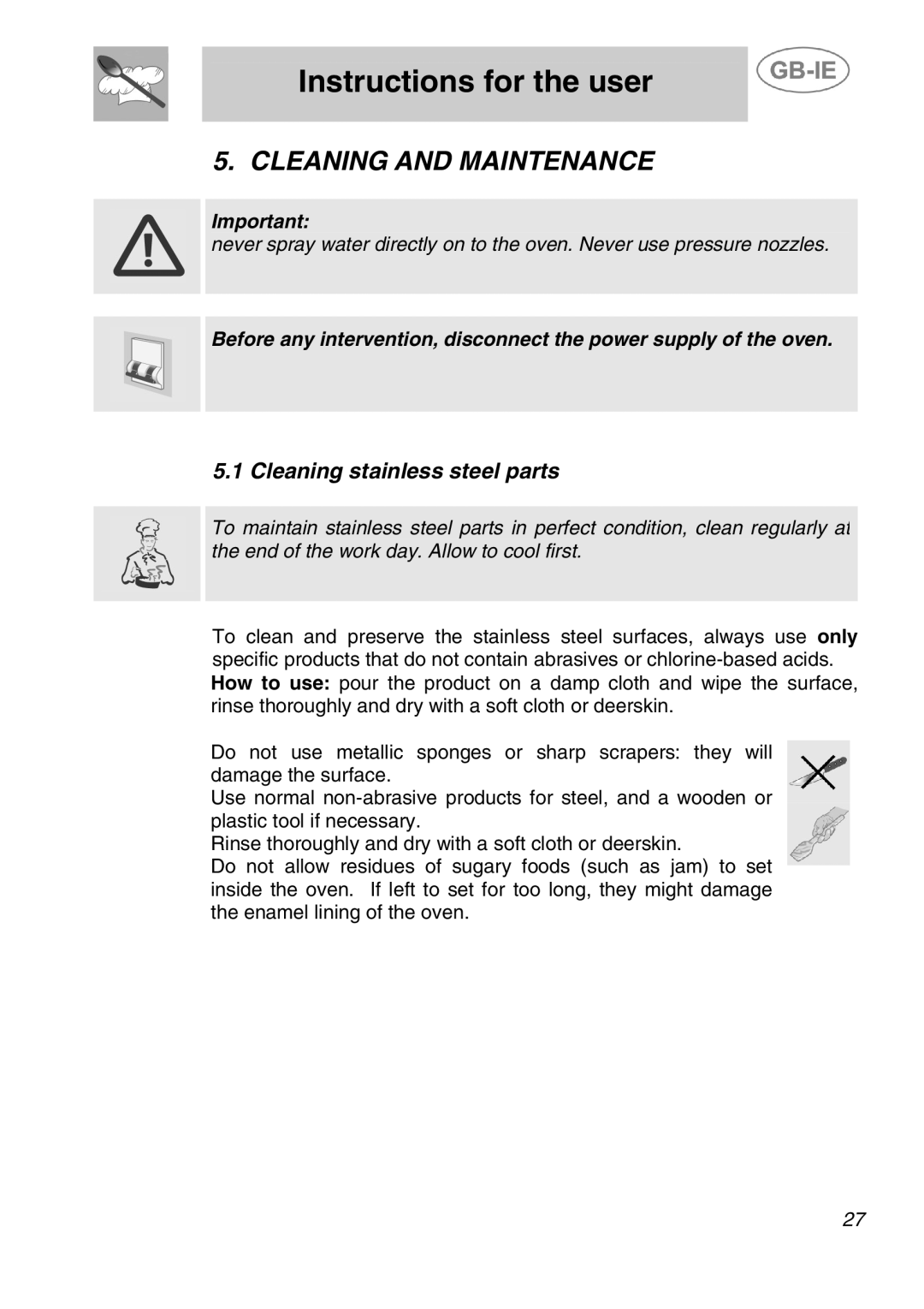 Smeg ALFA200X manual Cleaning and Maintenance, Cleaning stainless steel parts 