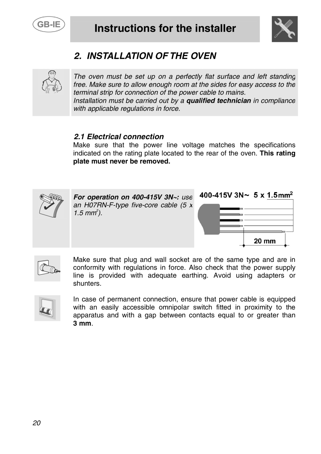 Smeg ALFA200X manual Instructions for the installer, Installation of the Oven, Electrical connection 