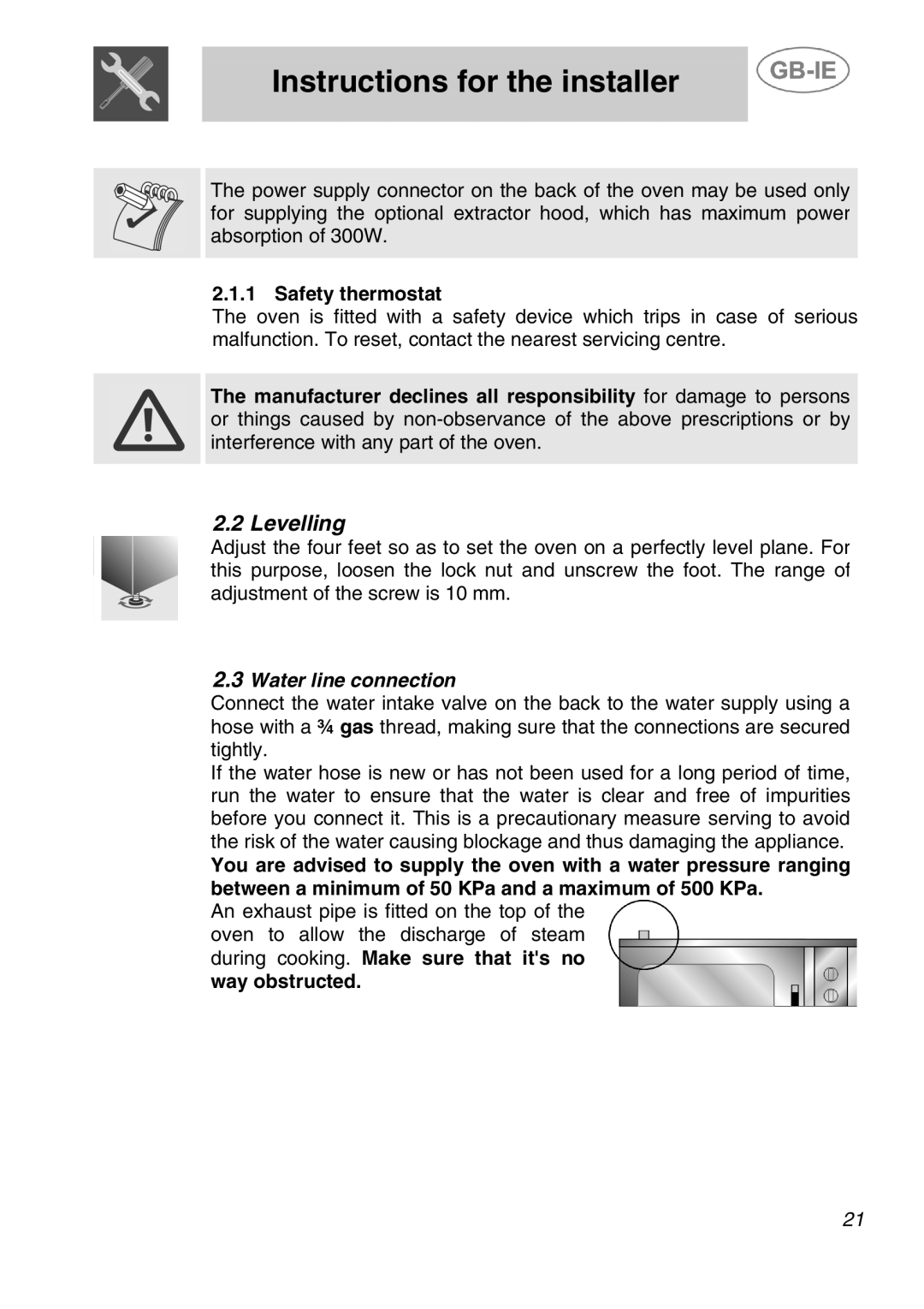 Smeg ALFA200X manual Levelling, Safety thermostat 