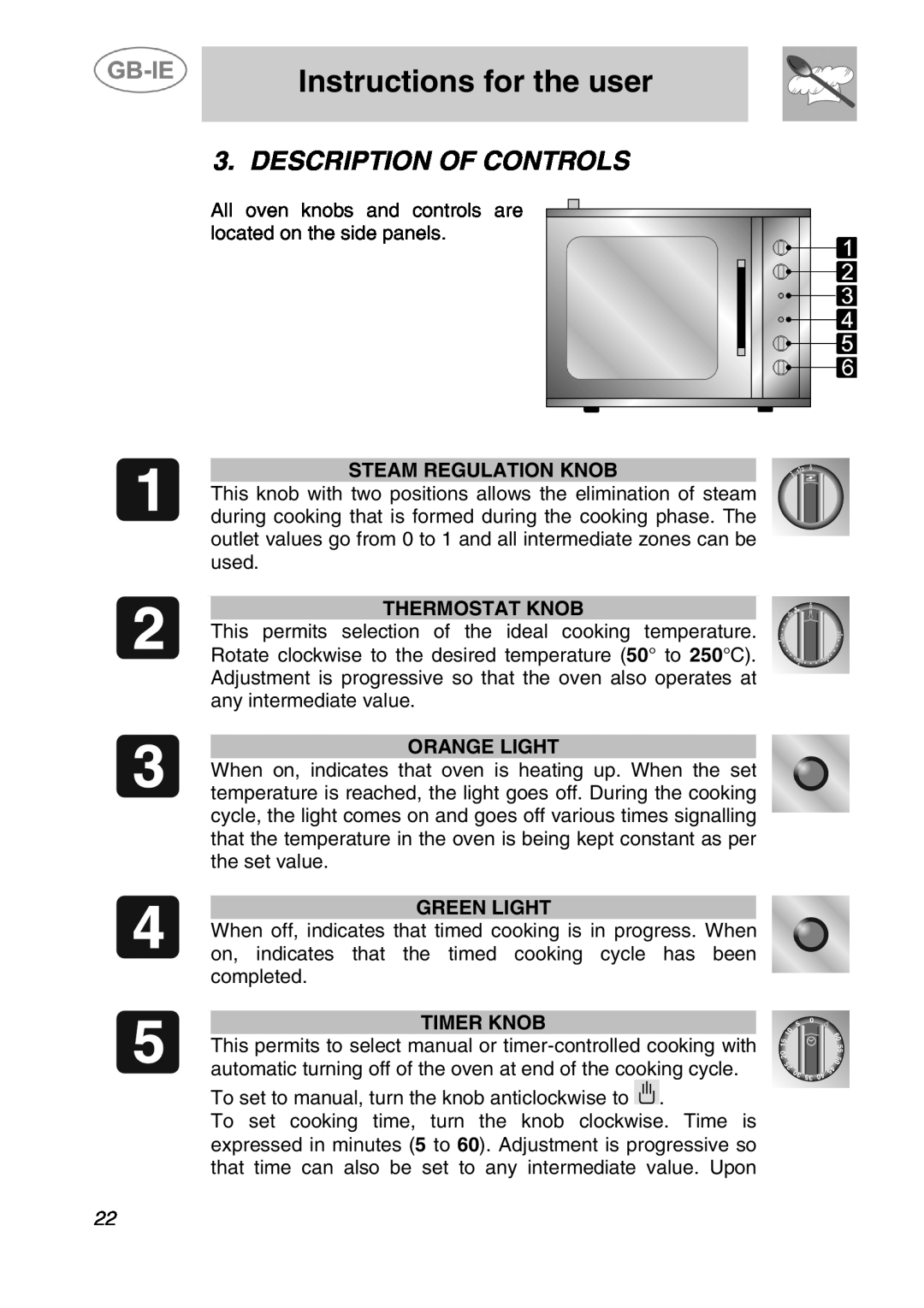 Smeg ALFA200X Instructions for the user, Description Of Controls, Steam Regulation Knob, Thermostat Knob, Orange Light 