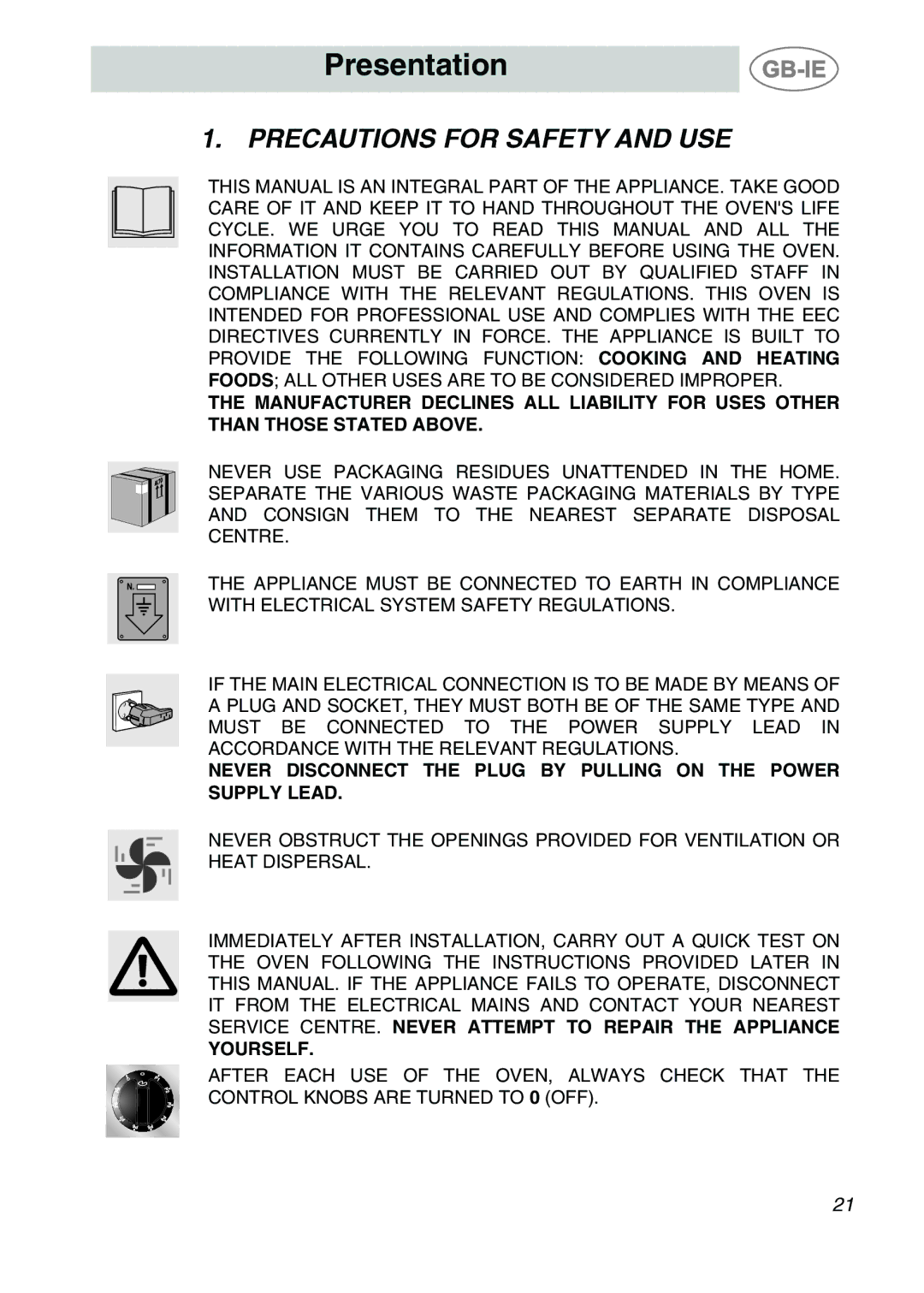 Smeg ALFA201XE manual Presentation, Precautions for Safety and USE 